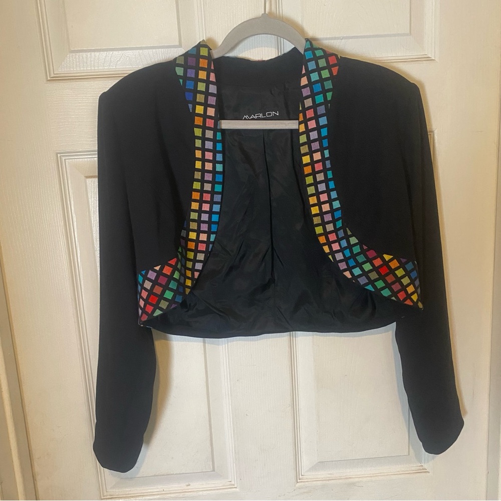 Marlon Wear Black With Multi Color Squares Cropped Blazer Jacket Women’s Size 10